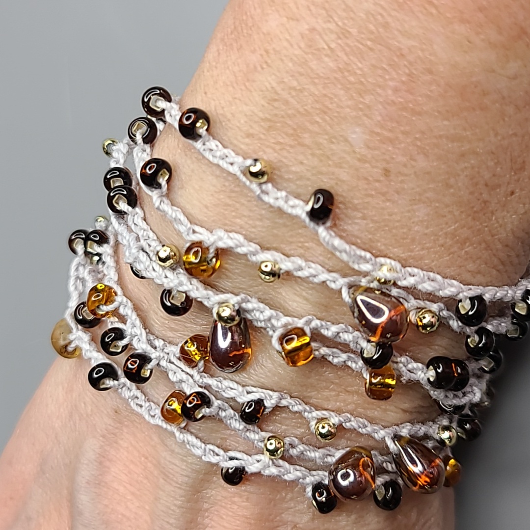 Women's Wrap Bracelet Light Gray Gold Brown Beads Handmade Crochet Everyday Cute